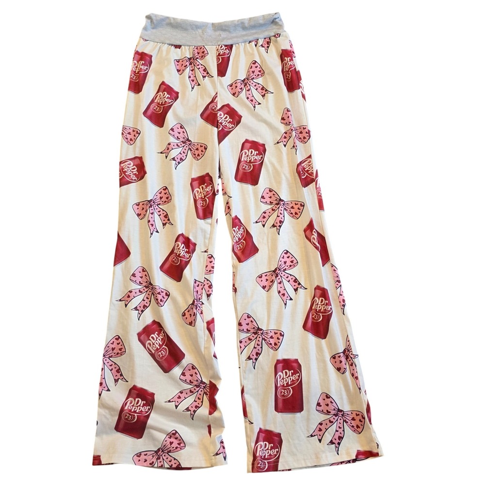 Sheshow Dr Pepper Bow Print Pajama Pants Womens Medium Grey Pink Lounge